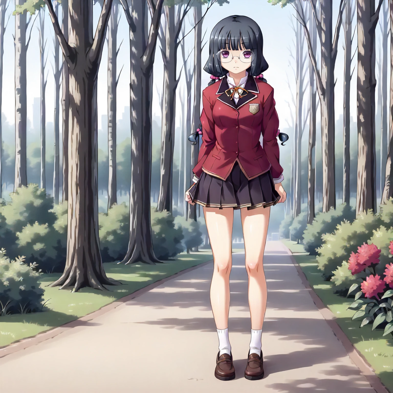 <lora:SDG_MitsukiFujigayaXLpony001>,
outdoors,nature,
solo,
MitsukiFujigaya,1girl,black hair,twin braids,purple eyes,eyewear,hair bobbles,
school_uniform,red jacket,
pleated_skirt,
full body,standing,