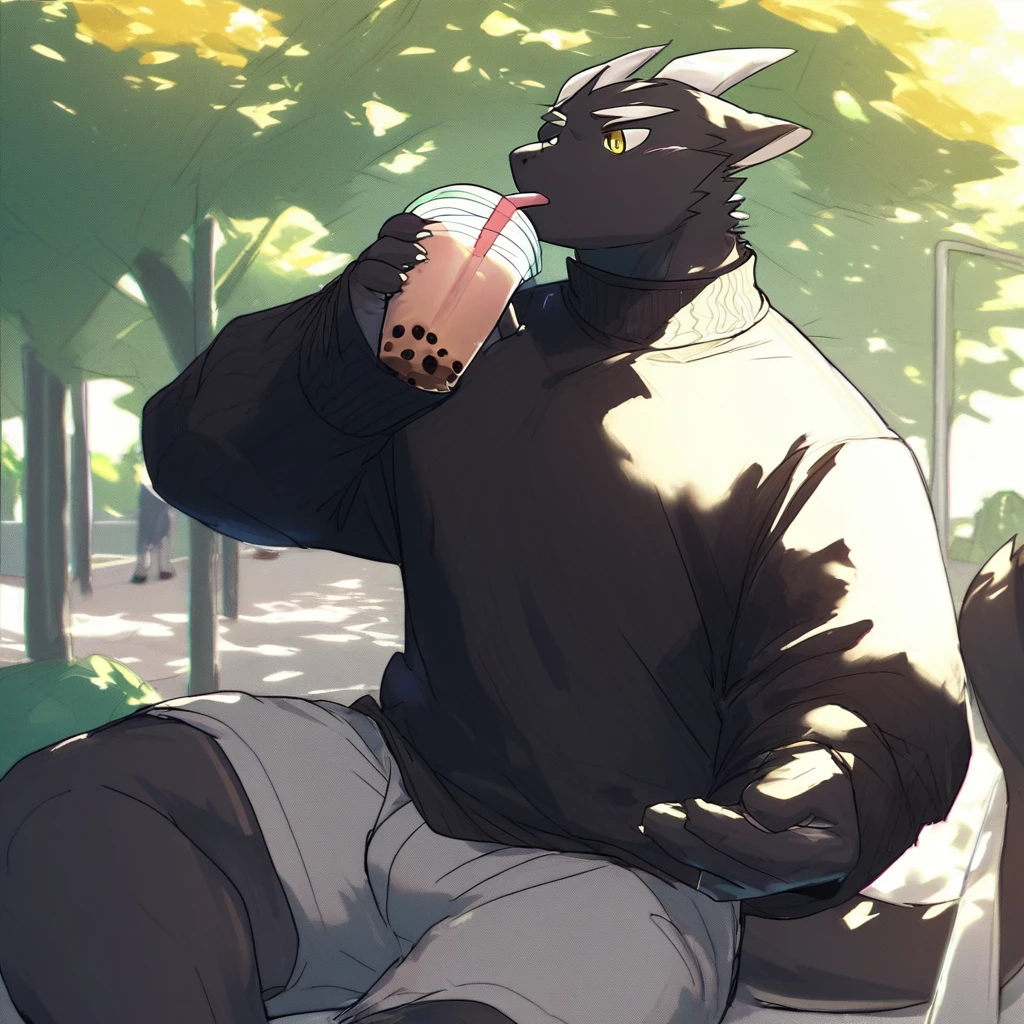 score_9_up, score_8_up, score_7_up, source_furry, mikus-nico26b, black dragon, black body, white horns, yellow eyes, park, holding, bubble tea, black sweater, gray shorts, 1boy, solo