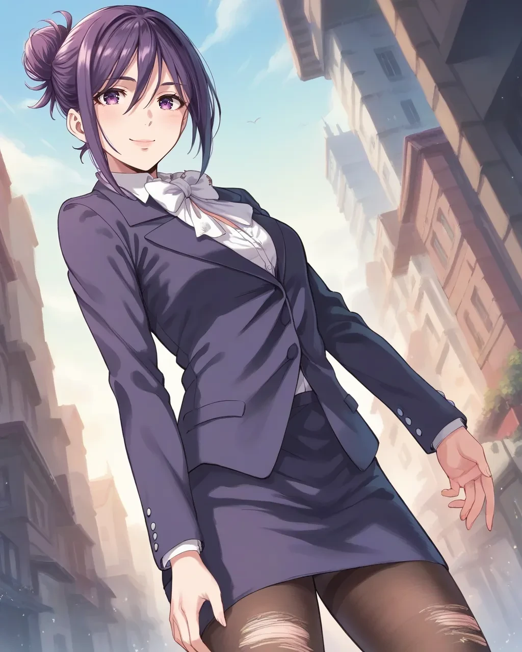 score_9,score_8_up,score_7_up,best quality, 4k, rating_safe, very aesthetic, source_anime, 
smile,
<lora:Nikaido_Hikari:0.9>,Nikaido Hikari,purple eyes,purple hair,hair between eyes,single hair bun,
black jacket,black pencil skirt,suit,white bowtie,formal,long sleeves,pantyhose,ugly,torn clothes,
cowboy shot,dynamic angle,,