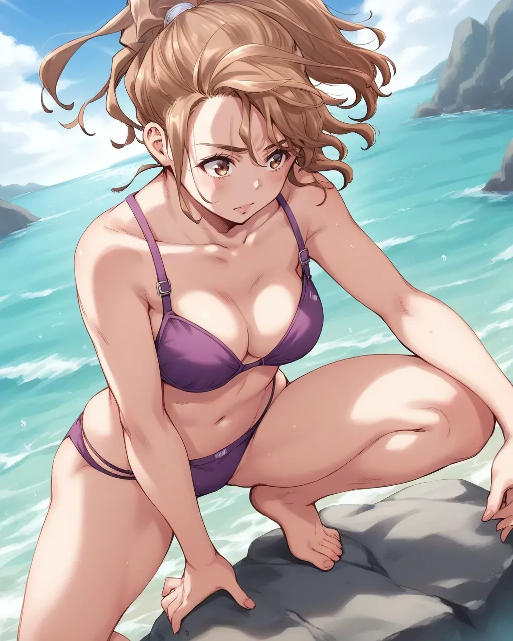 score_9,score_8_up,score_7_up,best quality, 4k, rating_safe, very aesthetic, source_anime, 
1girl,
<lora:Ichihara_Naho:0.9>,ichihara naho,brown eyes,brown hair,high ponytail,
(purple bikini:1.2),
dynamic angle,
cowboy shot,
sea,rock,
on one knee,embarrass,,