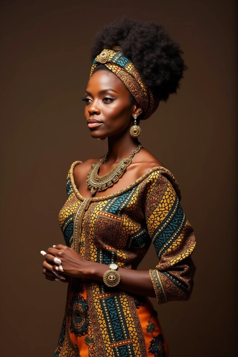 A black woman wearing traditional African attire, exuding elegance and grace.