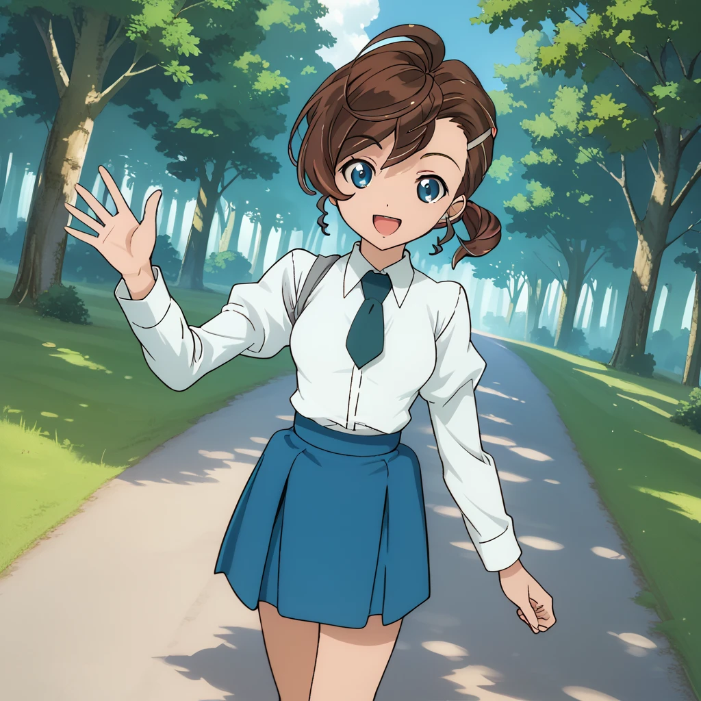 score_9, score_8_up, score_7_up, 1girl, solo, uncensored,  manainuyama, 1girl, solo, smile, open mouth, waving, looking at viewer, walking, dutch angle, white shirt, blue necktie, brown hair, blue eyes, blue skirt, outdoors, forest, path, grass, trees <lora:ManaInuyamaXL_v1.0:1>