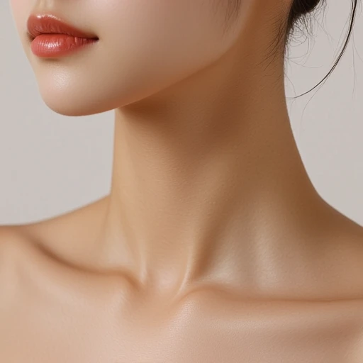 realistic skin texture, smooth skin pore, Ultra-realistic beauty product advertisement showcasing elegant body details. A close-up of a graceful neck with smooth, radiant skin, softly illuminated by natural light. The next shot focuses on the curve of a woman’s back, emphasizing healthy, flawless skin and a sense of refinement. Another frame captures a close-up of a face, highlighting soft lips, defined cheekbones, and glowing skin with subtle, natural makeup. The minimalist background and delicate lighting accentuate the beauty of each feature, creating a luxurious, sophisticated atmosphere that evokes purity and timeless elegance