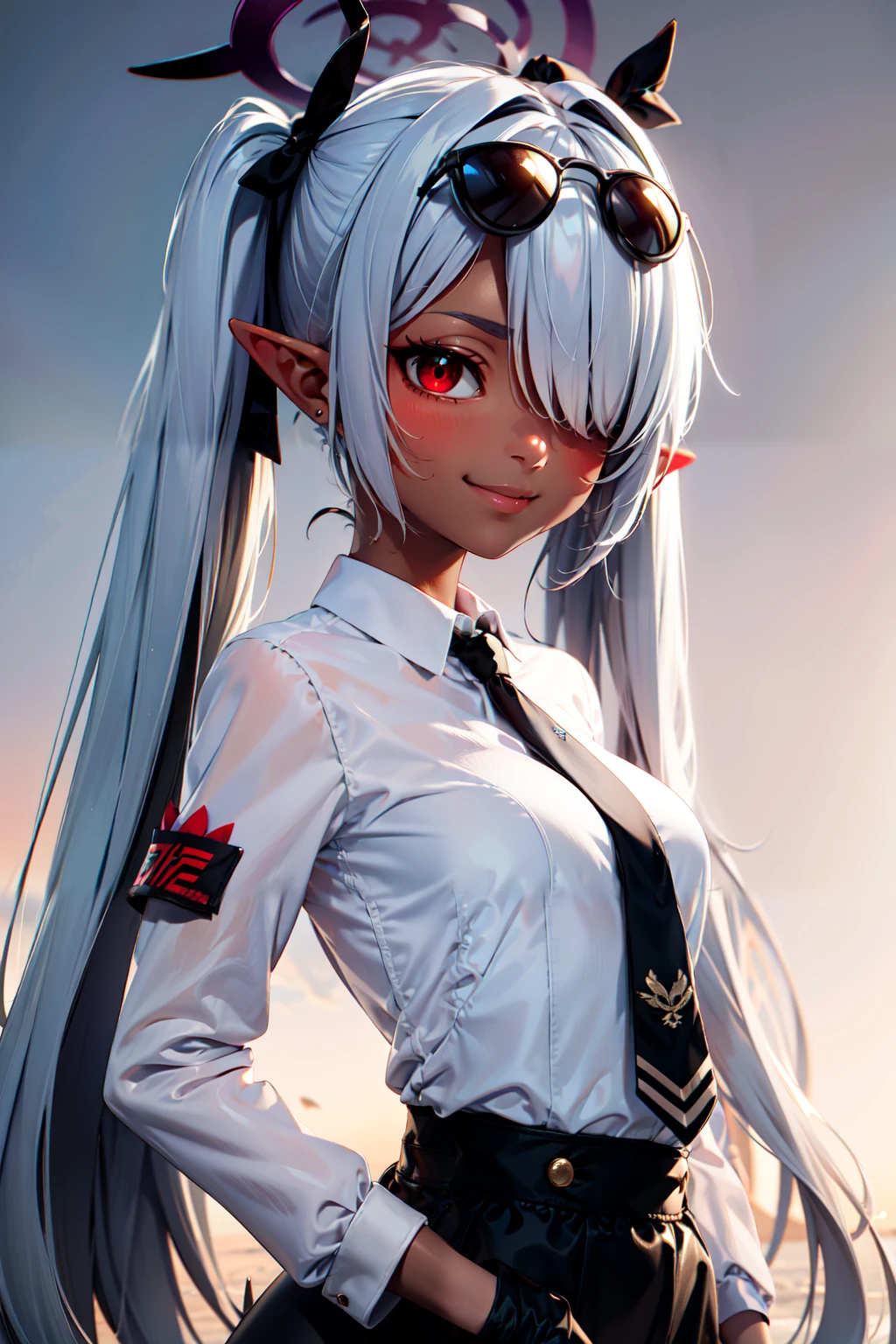 (masterpiece), <lora:Beautiful_CAT_v3:0.8>, best quality, high resolution, highly detailed, perfect lighting,  , <lora:Iori_BlueArchive_Citron:0.8>, zzIori, grey hair, long hair, twintails, red eyes, dark skin, dark-skinned female, pointy ears, hair over one eye, breasts, ribbon, halo, very long hair, hair ribbon, tail, demon tail, sunglasses, eyewear on head, armband, black necktie, long sleeves, white shirt, black gloves, collared shirt, black ribbon, , upper body , solo, smiling, looking at viewer,, BREAK, side view, hip to the side, contrapposto,