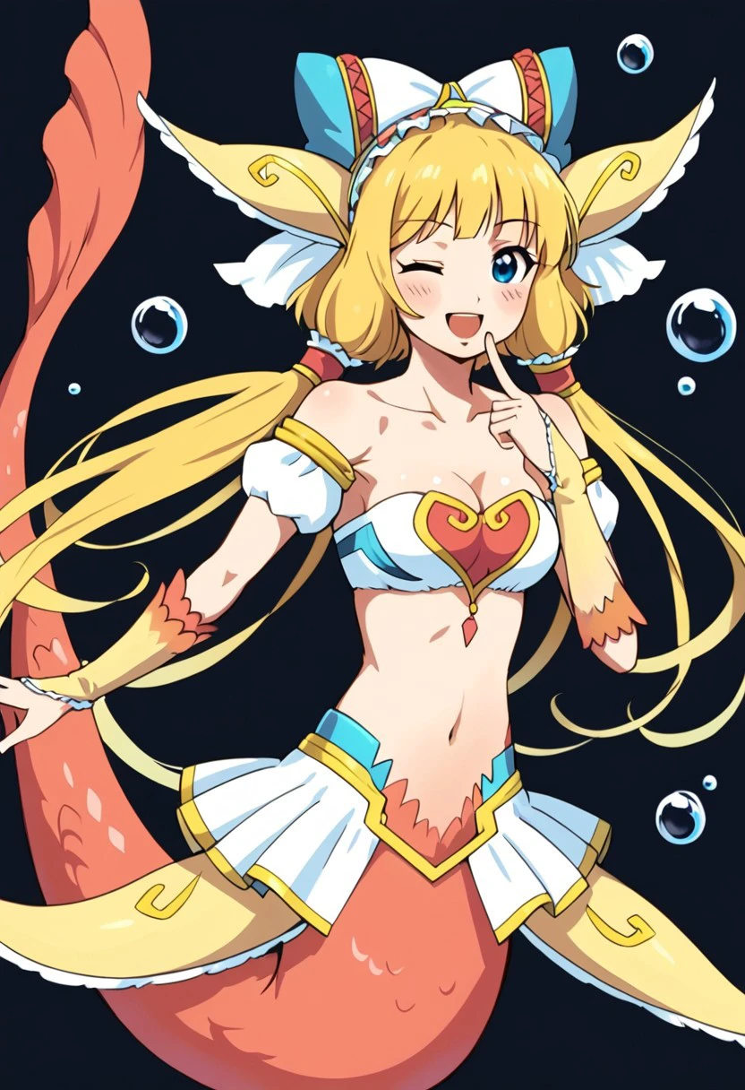 score_7, card fight vanguard, top idol flores, 1girl ,one eye closed, solo  monster girl, blue eyes, blonde hair, mermaid, long hair, navel, open mouth, smile, breasts ,medium, breasts, ;d, blush, midriff, finger to mouth, headdress, cleavage, bubble, jewelry, looking at viewer