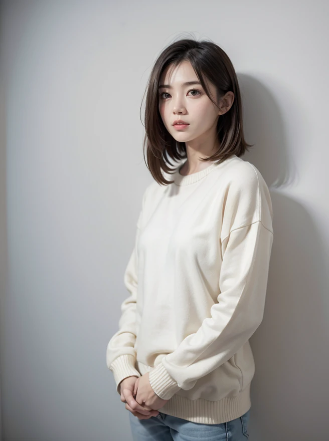 <lora:ReaLora:0.4> (realistic, photorealistic:1.37), <lora:NightphotoV1-0:0.6> nphot,
1girls, asian, beauty japanese female,
casual fashion, sweater, pants,
 <lora:WhiteRoom-v1:0.8> wr0919, white wall, white floor