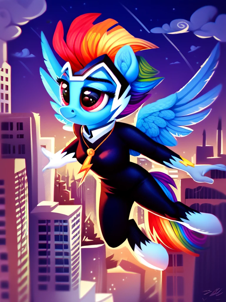 score_9, score_8_up, score_7_up, score_6_up, score_5_up, score_4_up, source_pony, anthro pony, Zapp_PowerPonies, bodysuit, necklace, solo, flying, skyline, night, detailed background, detailed face, detailed eyes, <lora:zappanthro-v1:1>