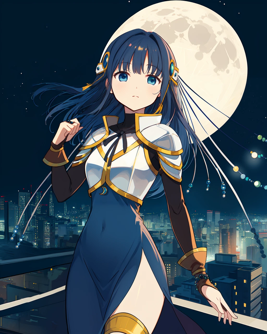 masterpiece, high quality, mgrcnanamiyachiyo, 1girl, blue hair, blue eyes, upper body, medium shot, dynamic pose, white string veil with gems, blue bowtie, blue crescent gem on chest, black turtleneck shirt, white with yellow breastplate, long blue dress, brown gloves with gems, outdoors, city, roof, night, sky, stars, moon, <lora:mgrcnanamiyachiyo:0.8>