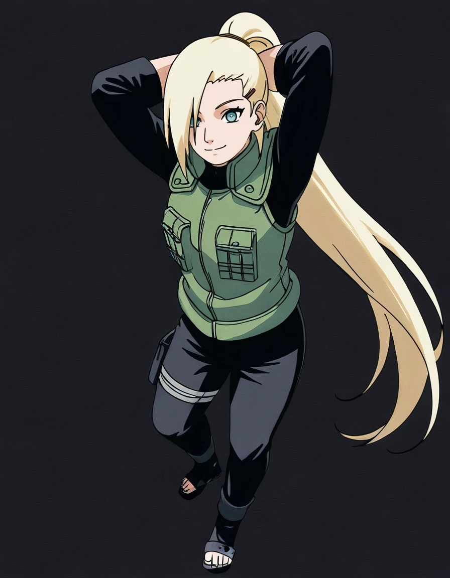 <lora:Ino_Yamanaka:1>, 1girl, solo, ino_yamanaka, uniform, green vest, black pants, black sleeves, toeless footwear,  arms behind head, smile, standing, (simple white background)