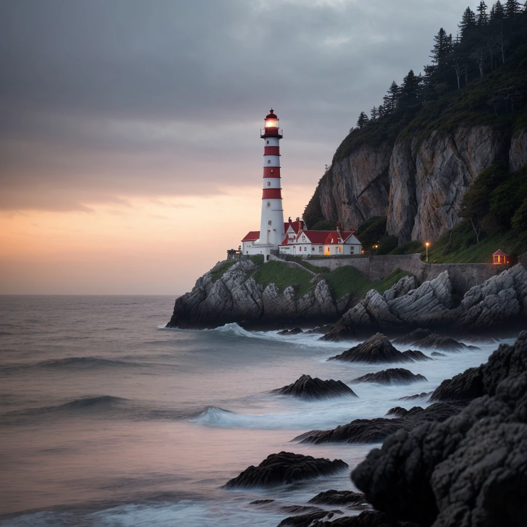 masterpiece, full scale wide shot photo, intricate photo, precisely detailed lighthouse with red-white colored ring-sections in the ocean on a rock by dark night, hazy fog on the water surface, blue neon backlight, cyberpunk, photo realistic, hyper realistic, highly detailed, sharp focus, high resolution, best quality, colorful, friendly colors, cozy outdoor lighting, 8K,  <lora:LighthouseConceptLora:1.0