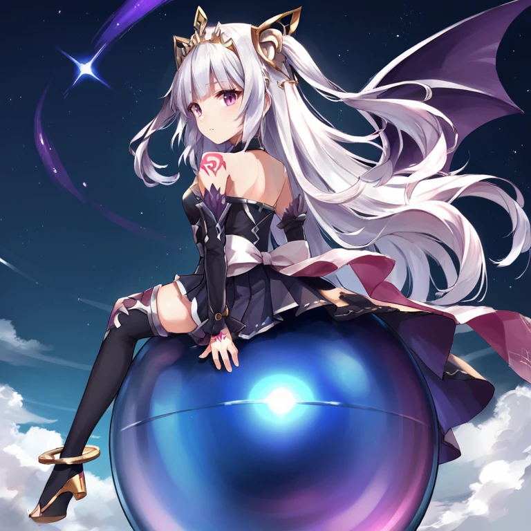 score_9, score_8_up, score_7_up, source anime, BREAK, sitting, sitting on orb,  <lora:Ivris:0.8> , ivdef, 1girl, long hair, very long hair, white hair, two side up, sidelocks, purple eyes, tiara, hair ornament, fake animal ears, bare shoulders, shoulder tattoo, sleeveless dress, halterneck,  long dress, black dress, high-low skirt, purple skirt, pleated skirt, skirt under dress, detached sleeves, black sleeves, sleeves past wrists, anklet, thighhighs, black thighhighs,  looking at viewer, night, (space), floating,  <lora:backgroundsetXL:0.2> , background, (solo), (from behind),  bat wing, single wing, <lora:hand 4:0.4> , Hand, hands, perfect hands,  <lora:0ut3rsp4c3XLP:0.2> , 0ut3rsp4c3, star sky,