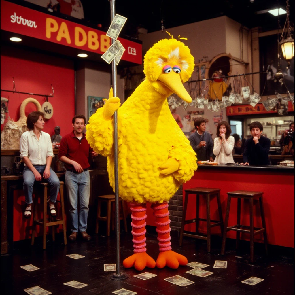 BigBird is pole dancing in a stripclub. men a watching and throwing money bills<lora:BigBird:0.9>