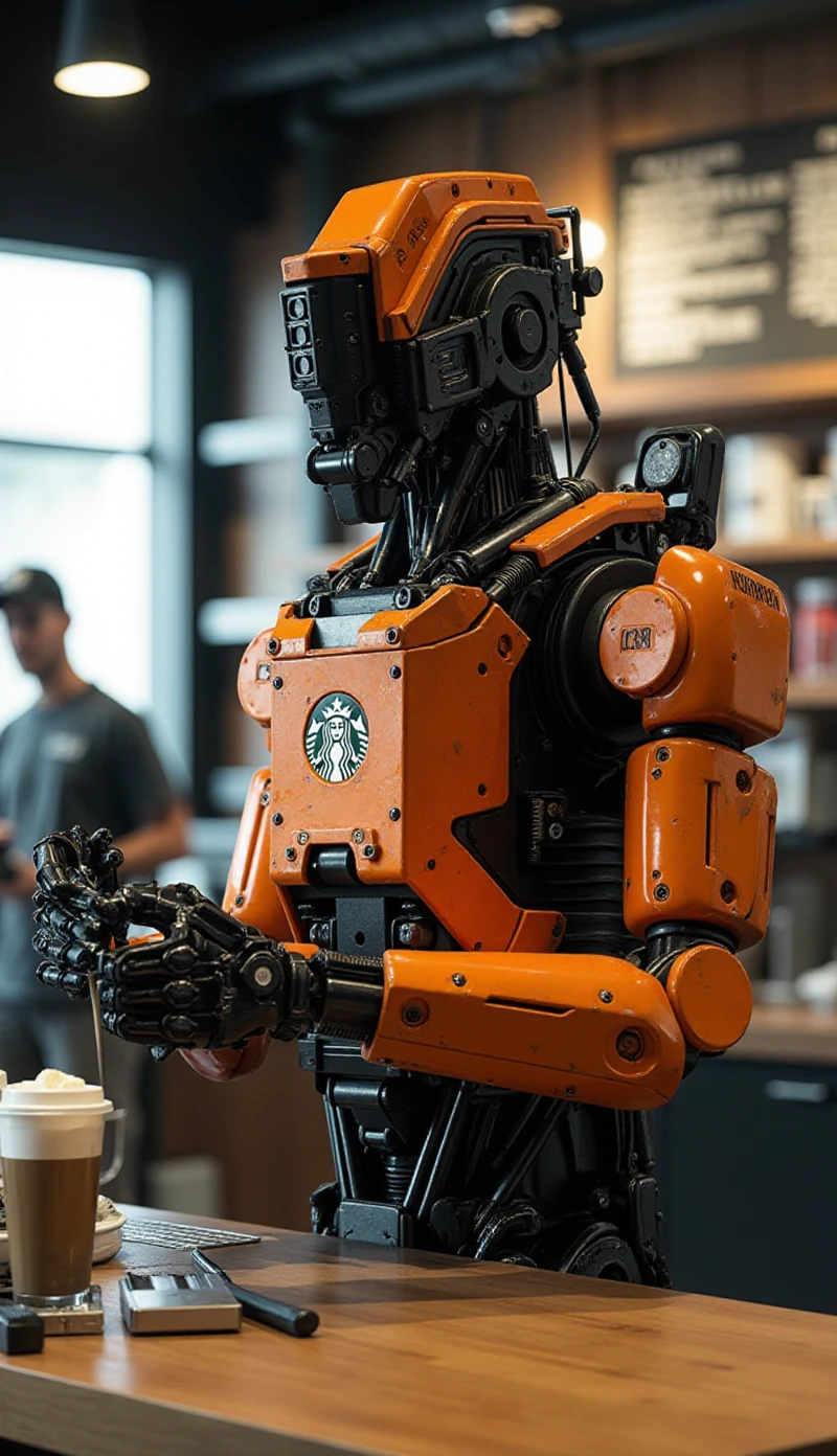 Elysium Robot is serving coffee in a starbuck. highly detailed <lora:ElysiumRobot:0.9>