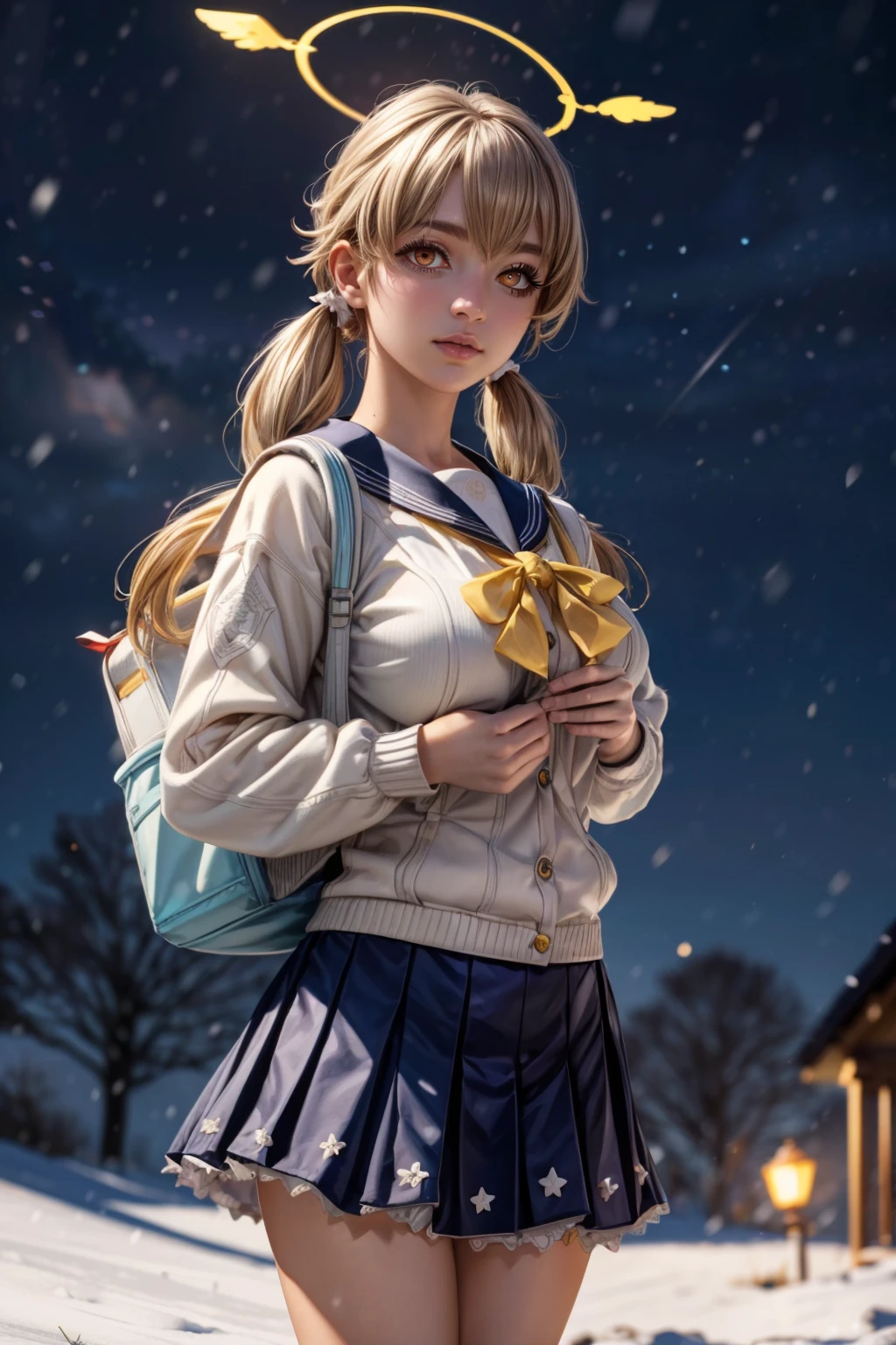 (ultra realistic,32k, masterpiece:1.2),(high detailed skin:1.1),( high quality:1.1), <lora:IllyasvielVonEinzbern_v1:0.7>, zzIllya, looking at viewer, night, outdoors, snowing, sky, BREAK,    <lora:Hifumi_BlueArchive_Citron:0.8>, zzHifumi, yellow eyes, light brown hair, long hair, twintails, halo, breasts white cardigan, blue skirt, school uniform, pleated skirt, backpack, blue sailor collar,   ,BREAK,  blooming stars, luminescent petals, otherworldly fragrance blurry background, (looking at viewer, standing:1.1), huge breast, large breast, <lora:add_detail:0.92>, (glowwave:1.1),