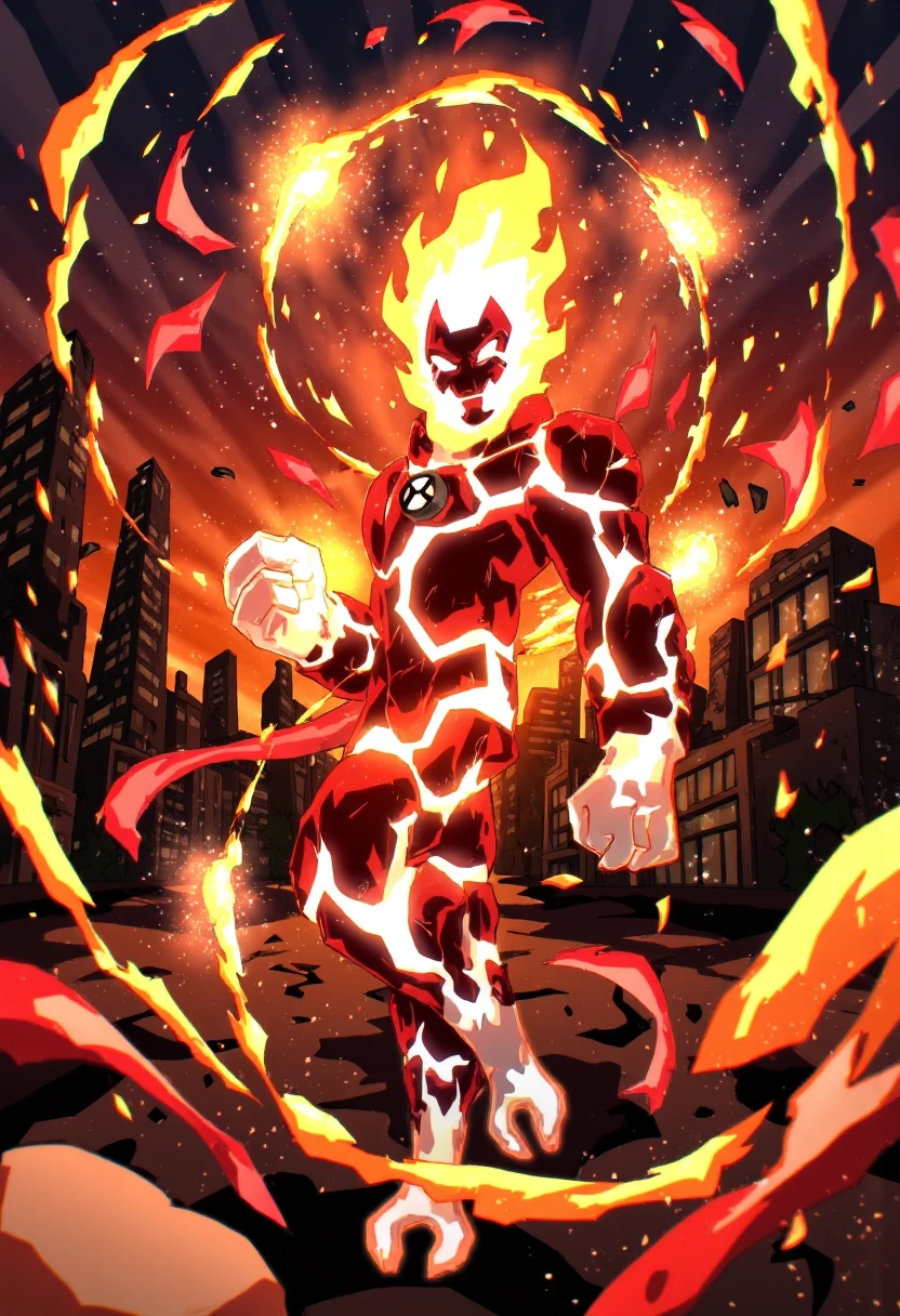 A fiery inferno engulfs the darkened cityscape as heatb emerges from the flames, his body radiating intense heat and energy. The vibrant anime art style brings to life heatb's fiery body. In the background, skyscrapers and buildings crumble amidst the inferno, casting long shadows across the scorched earth.,tkht 9315,The image is a digital drawing,in a vibrant, dynamic anime style.,fire