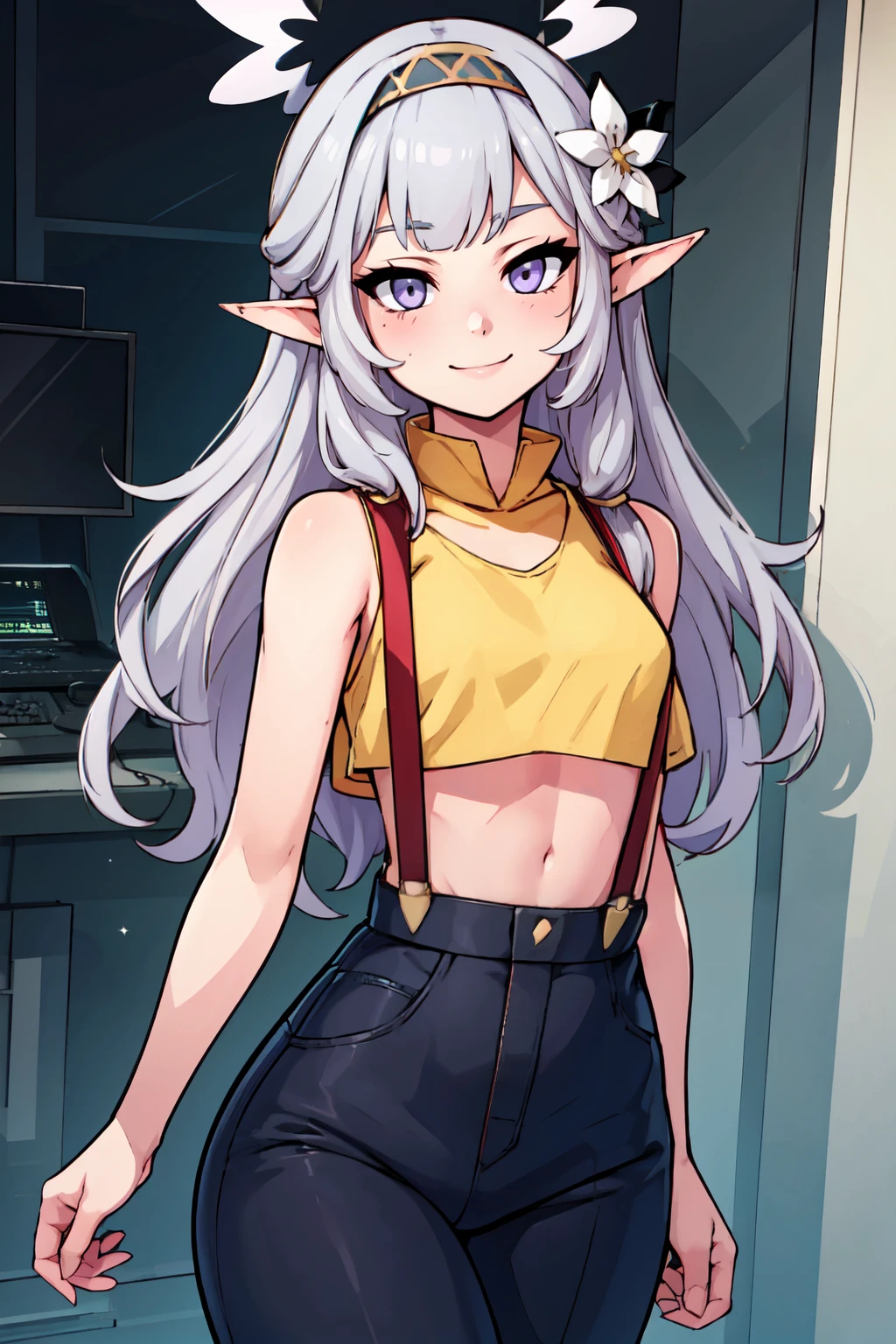 ((masterpiece,best quality)), absurdres,  BREAK, , <lora:Himari_BlueArchive_Citron:0.8>, zzHimari, purple eyes, black hair, long hair, pointy ears,  halo, hairband, grey hair, white hair  , BREAK,  <lora:Misty_Pokemon_Cosplay_v3:0.8>,  misty (pokemon) (cosplay), yellow crop top, suspenders,, BREAK, solo, smile, looking at viewer, cowboy shot,