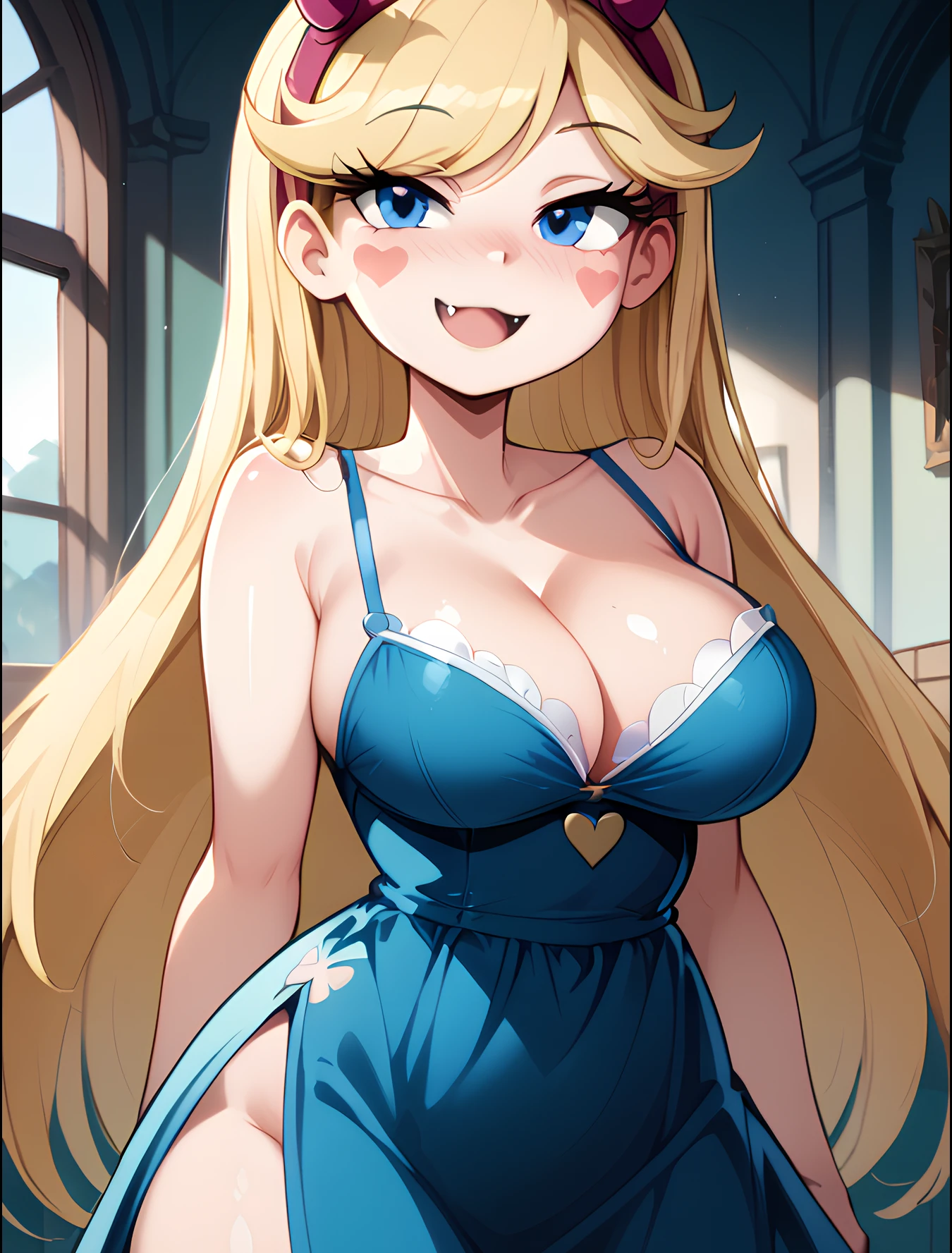 score_10_up, score_9_up, score_8_up, score_7_up, source_anime, 1girl, solo, (perfect female body), (beautiful eyes and face), (upper body), (starbutterfly), blonde hair, facial mark, long hair, horned headwear, blue eyes, very long hair, smile, teal dress, shoulder bag, boots, striped pantyhose, looking at viewer, hand on own hip, cowboy shot, big breast, cleavage, sexy, blush, dress, <lora:StarButterflyPonyXL-10:0.7>, (((:3))), smile cat, (((cat mouth))), open mouth, <lora:Cats_Mouth_concept_3:0.7>, fang,