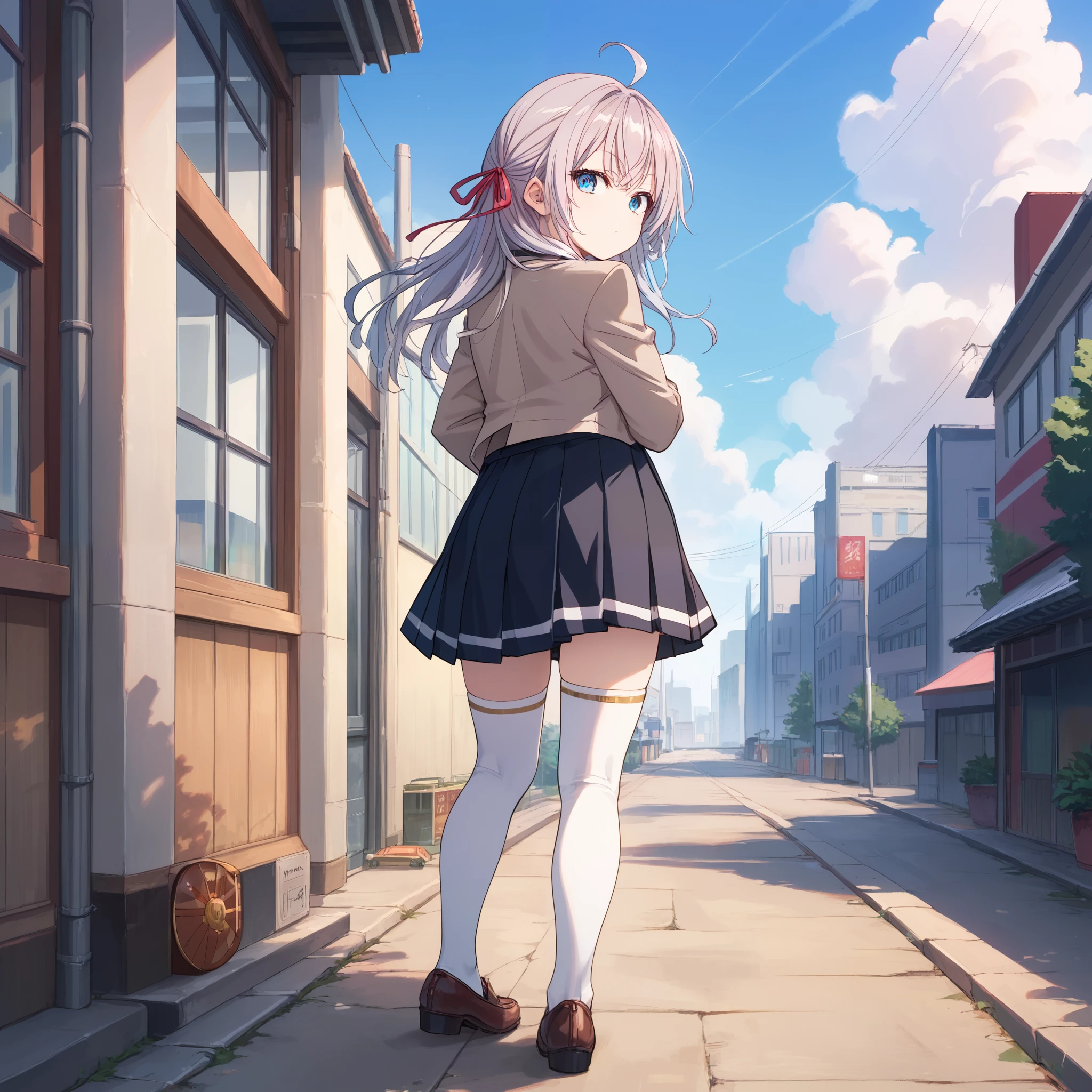 score_9, score_8_up, score_7_up, score_6_up, score_5_up, score_4_up, BREAK source_anime, look at viewer, rating_safe, 1girl, solo, outdoors, city, full body, from behind, look back, masterpiece, best quality, high detailed skin,  alisa mikhailovna kujou, long hair, grey hair, ahoge, hair ribbon, blue eyes, seiren school uniform, white shirt, grey jacket, long sleeves, red ribbon, pleated skirt, black skirt,  open clothes, blazer, white thighhighs,