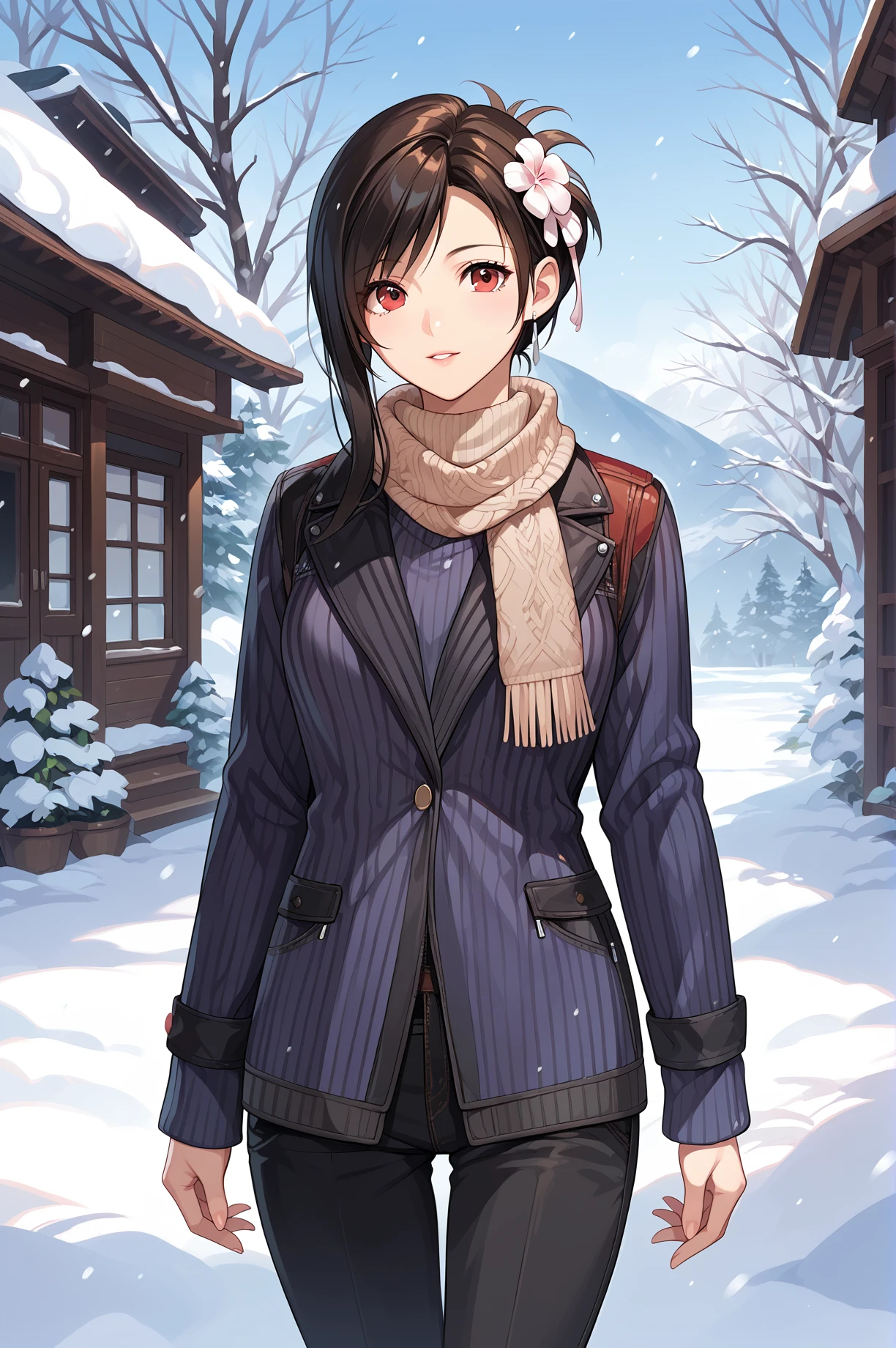 score_9, score_8_up, score_7_up, score_6_up, score_5_up, score_4_up,anime source,
 glamour(tifa) ,1girl, short hair, hair flower, ponytail, 
sweater, scarf,pants
outdoors, snow,<lora:Glamour(tifa)XLPony:0.8>