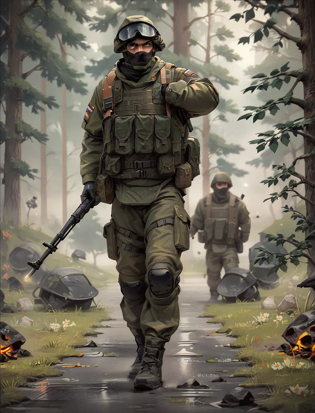 score_9, score_8_up, score_7_up, score_6_up,score_5_up, RussianSoldier, full body, black balaclava, forest, <lora:RussianSoldierV3-000004:1>