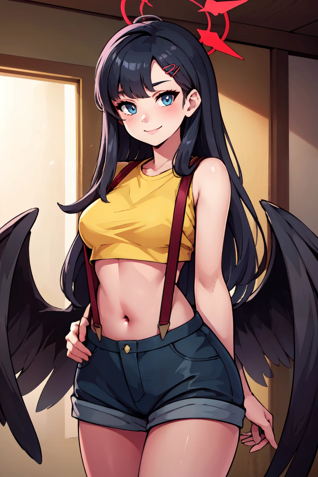 ((masterpiece,best quality)), absurdres,  BREAK, , <lora:Ichika_BlueArchive_Citron:0.8>, zzIchika, black hair, long hair, halo, hair ornament, hairclip, red halo, wings, black wings, low wings, feathered wings, breasts , BREAK,  <lora:Misty_Pokemon_Cosplay_v3:0.8>,  misty (pokemon) (cosplay), yellow crop top, suspenders,, BREAK, solo, smile, looking at viewer, cowboy shot,