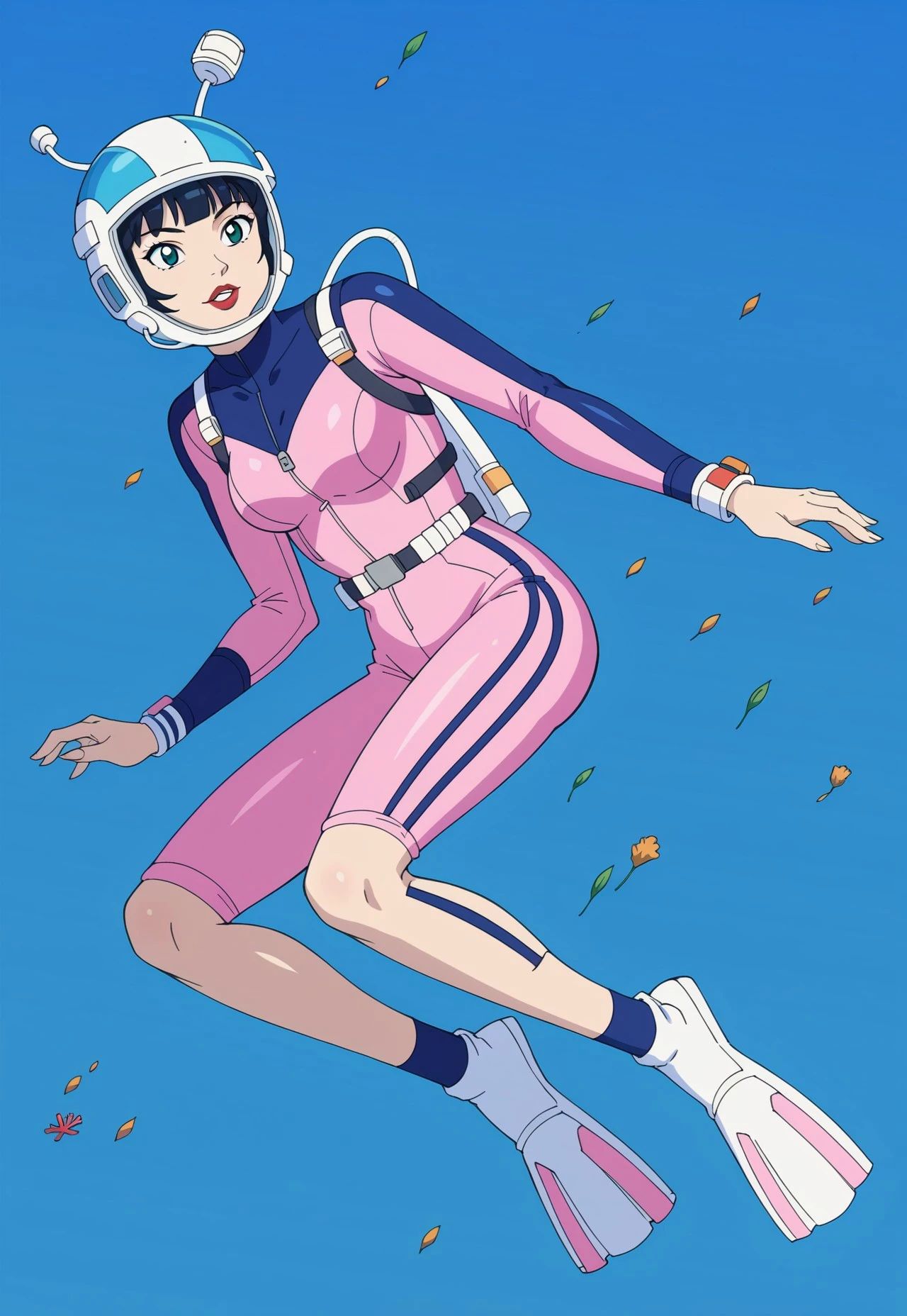 score_9, score_8_up, score_7_up, score_6_up, source_anime:0.75, source_cartoon:0.25, retro artstyle, 1990s \(style\),
BREAK
(blue divehelm-c helmet, pink divingsuit-c), 1girl, solo, short hair, black hair, full body, blue background, underwater, pink diving suit, pink flippers, red lips, scuba tank,
BREAK
detailed background, coral, seaweed, rocks, ocean floor, sunbeam, air bubble, sea life.