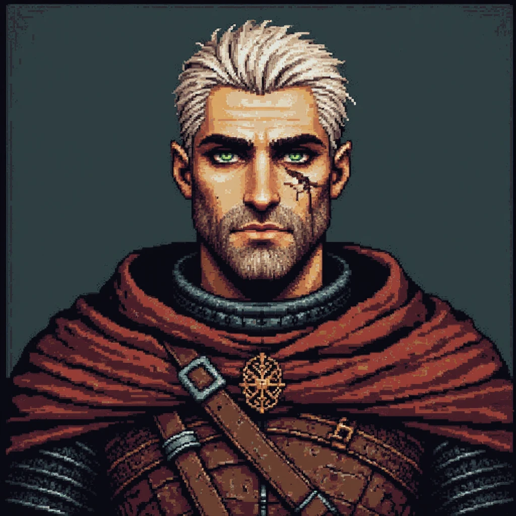 df_pixel_style, headshot of an adult man with short white hard and beard, steel chainmail and red cloak with gold broach