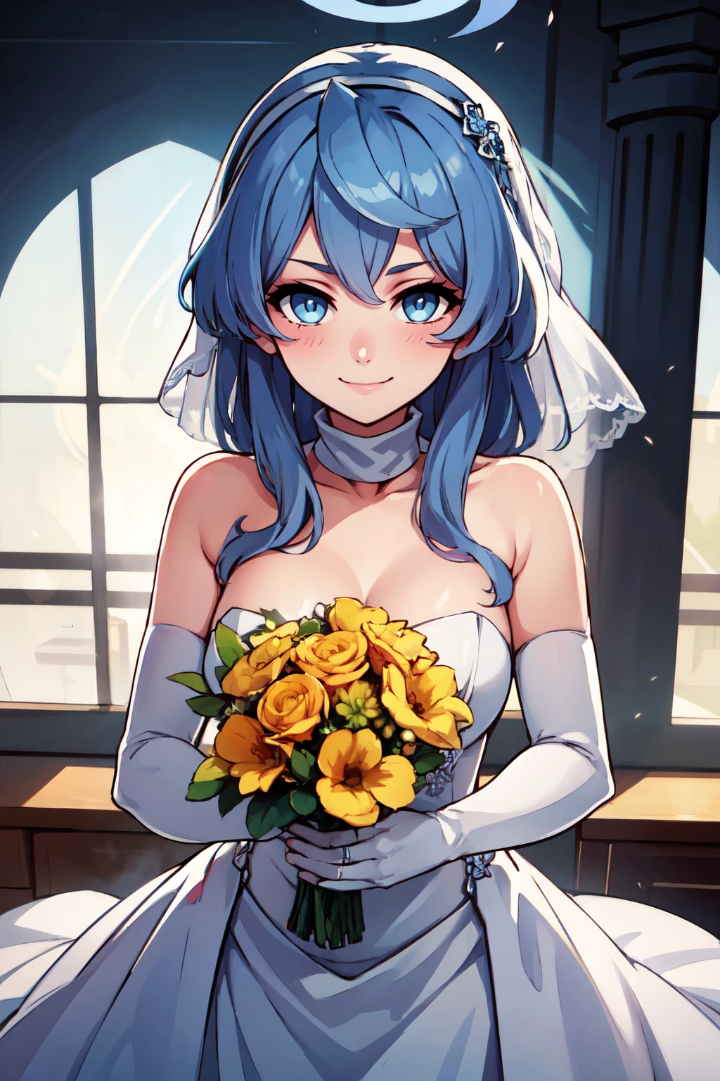 ((masterpiece,best quality)), absurdres,  BREAK, , <lora:Ako_BlueArchive_Citron:0.8>, zzAko, blue eyes, blue hair, long hair, hairband, halo,  , BREAK, bride, wedding dress, bridal veil, strapless dress, elbow gloves, holding bouquet,, BREAK, solo, smile, looking at viewer, cowboy shot,