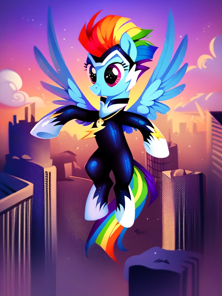 score_9, score_8_up, score_7_up, score_6_up, score_5_up, score_4_up, source_pony, feral pony, Zapp_PowerPonies, bodysuit, necklace, solo, flying, skyline, night, detailed background, detailed face, detailed eyes, <lora:zappanthro-v1:1>