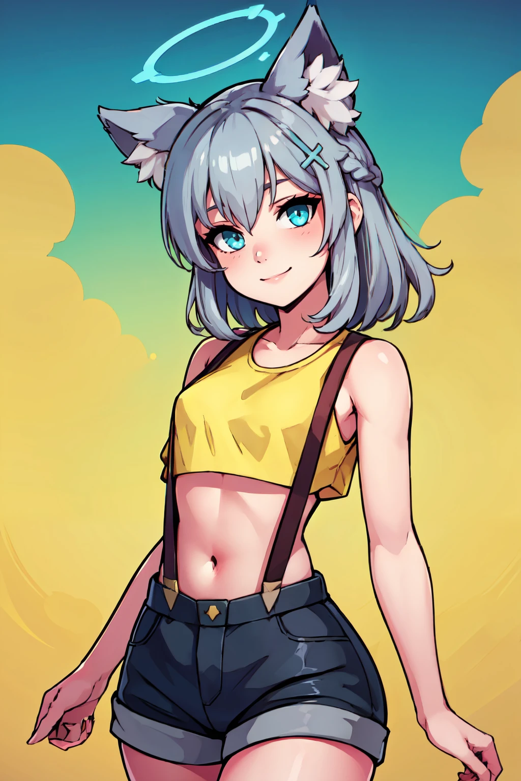 ((masterpiece,best quality)), absurdres,  BREAK, , <lora:Shiroko_BlueArchive_Citron:0.7>, zzShiroko, animal_ears, grey_hair, wolf_ears, animal_ear_fluff, blue_eyes, halo, hair_ornament, cross_hair_ornament, mismatched_pupils, extra_ears, medium_hair,  , BREAK,  <lora:Misty_Pokemon_Cosplay_v3:0.8>,  misty (pokemon) (cosplay), yellow crop top, suspenders,, BREAK, solo, smile, looking at viewer, cowboy shot,