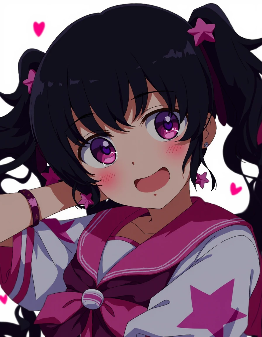 a girl with a cheerful expression. She has long, wavy multicolored hair that is mixed black with streaks of pink, styled into two pigtails adorned with star-shaped hairpins. Her eyes are large and expressive, with a mix of pink and purple hues, and she has a small, open mouth revealing a toothy grin.  . She is wearing a traditional Japanese schoolgirl outfit, known as a "sailor fuku," which consists of a white blouse with a pink sailor collar and a matching pink bow tied around her neck. The blouse is adorned with a pink star pattern on the sleeves and chest area.

Her accessories include pink star-shaped hairpins, a pink star bracelet on her left wrist, and a star-shaped earring in her right ear. The background is a simple white with scattered pink and red heart shapes, adding to the cheerful and playful atmosphere of the image. The overall color palette is dominated by pink, white, and black, with a touch of purple and blue from her hair and accessories. The style is characterized by clean lines, vibrant colors, and a high level of detail typical of modern digital anime art.