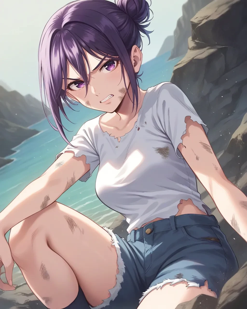 score_9,score_8_up,score_7_up,best quality, 4k, rating_safe, very aesthetic, source_anime, 
1girl,
<lora:Nikaido_Hikari:0.9>,Nikaido Hikari,purple eyes,purple hair,hair between eyes,single hair bun,
(shirt:1.1),(shorts:1.1),(torn clothes:1.1),dirty,
cowboy shot,dynamic angle,angry,on one knee,sea,,