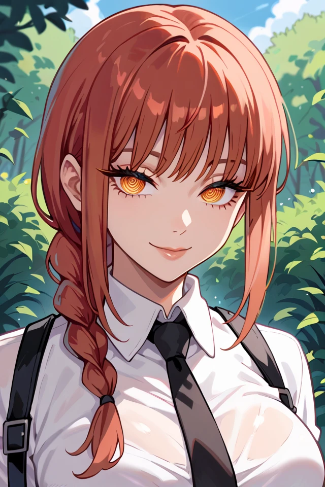 score_9, score_8_up, score_7_up, score_6_up, score_5_up, makima \(chainsaw man\), 1girl, solo, yellow eyes, red hair, braided ponytail, ringed eyes, white collared shirt, black necktie, upper body, big breasts, sexy, erotic, outdoors, <lora:xdrc_flux:1>, thick eyelashes, long eyelashes, seductive smile,