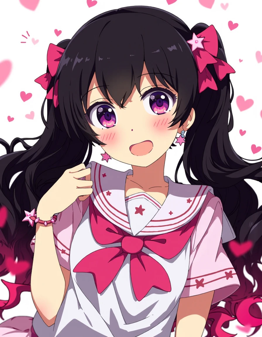 a girl with a cheerful expression. She has long, wavy two tone streaked hair that is mixed black with streaks of pink, styled into two pigtails adorned with star-shaped hairpins. Her eyes are large and expressive, with a mix of pink and purple hues, and she has a small, open mouth revealing a toothy grin.  . She is wearing a traditional Japanese schoolgirl outfit, known as a "sailor fuku," which consists of a white blouse with a pink sailor collar and a matching pink bow tied around her neck. The blouse is adorned with a pink star pattern on the sleeves and chest area.

Her accessories include pink star-shaped hairpins, a pink star bracelet on her left wrist, and a star-shaped earring in her right ear. The background is a simple white with scattered pink and red heart shapes, adding to the cheerful and playful atmosphere of the image. The overall color palette is dominated by pink, white, and black, with a touch of purple and blue from her hair and accessories. The style is characterized by clean lines, vibrant colors, and a high level of detail typical of modern digital anime art.