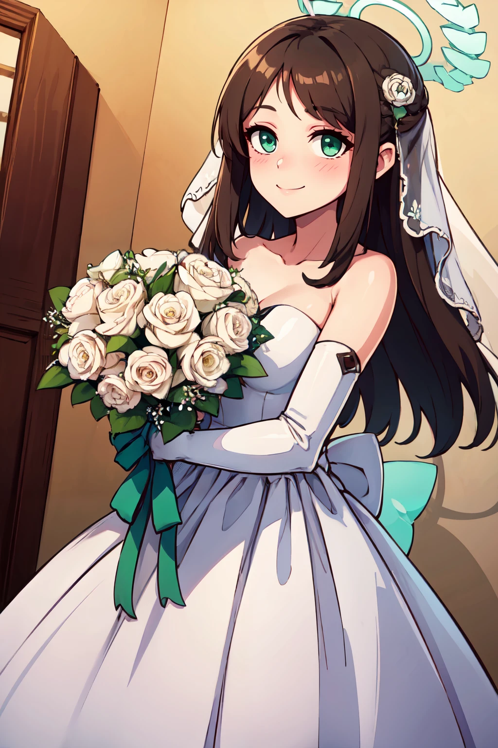 ((masterpiece,best quality)), absurdres,  BREAK, , <lora:Airi_BlueArchive_Citron:0.8>, zzAiri, green eyes, brown hair, long hair, hair ornament, halo,   , BREAK, bride, wedding dress, bridal veil, strapless dress, elbow gloves, holding bouquet,, BREAK, solo, smile, looking at viewer, cowboy shot,