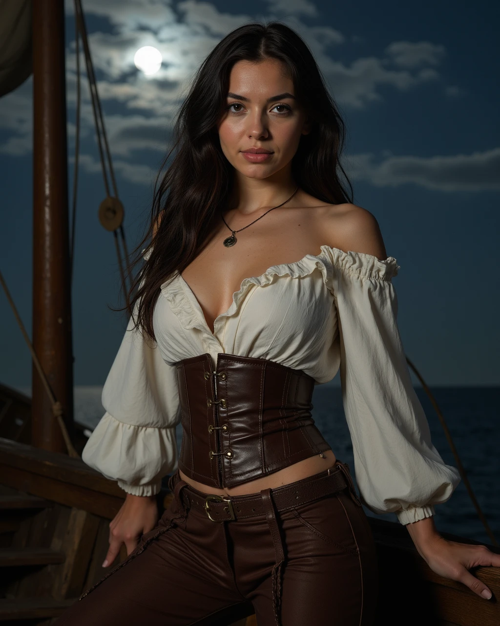 photograph of a 25 year old woman as a pirate, pirate clothes, pirate white medieval shirt with ruffle collar and ruffle sleeve, corset, brown leather pants, belt, beautiful, long black hair, medieval theme, action poses, jewelry, necklace, at pirate ship, night time, moonlight, detailed background, narrow hips, slim petite body, fit body, natural breasts, perfect hands, real skin, textured skin, intricately detailed eyes