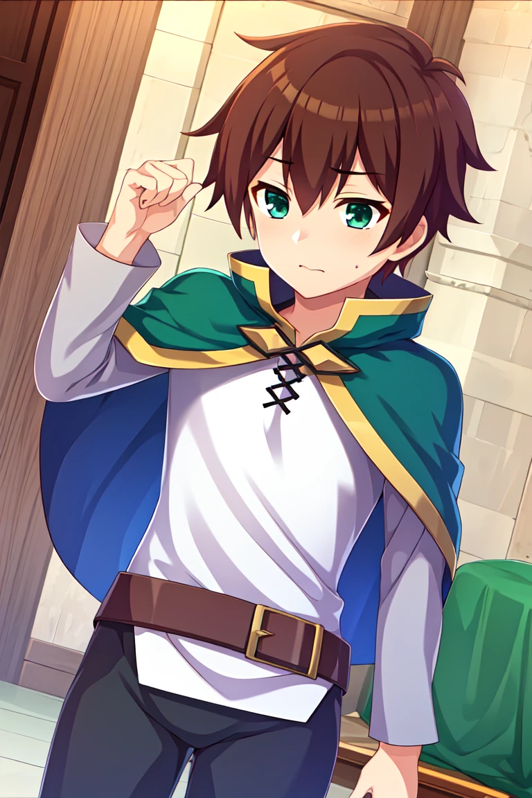 masterpiece, ultra details  <lora:KazumaE15v3:0.95>, kazuma-liver020-wattjpad, brown hair, 1boy, satou kazuma, solo, short hair, male focus, green eyes, belt, capelet, shirt, solo, cape, black pants, long sleeves, green cape, white shirt, small capelet, 1 man, shirt ornament