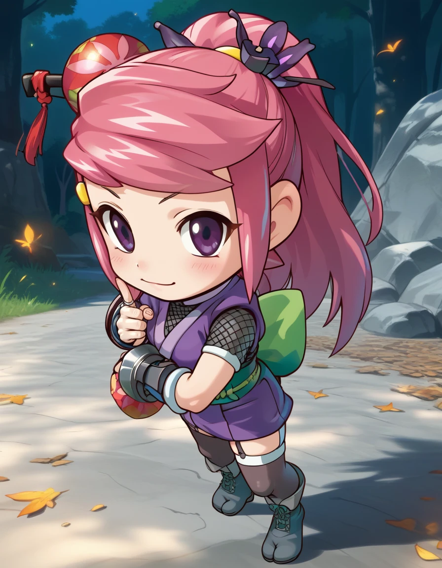 kaede (shinobi_damashii), pink hair, long hair, purple eyes, ponytail,  hair ornament, hairclip, chibi,
 thighhighs, ninja, fishnets, japanese clothes,  fingerless gloves, zettai ryouiki, garter straps, boots,
<lora:kaede (shinobi_damashii)_pony_v1:1>
standing, dynamic pose ,
closed mouth, blush,light smile
looking at viewer,(upper body,:1.3),(close-up)
outdoors, forest, night, score_9, score_8_up, score_7_up, best quapoty, highres, absurdres, source_anime, zPDXL2, 1girl,