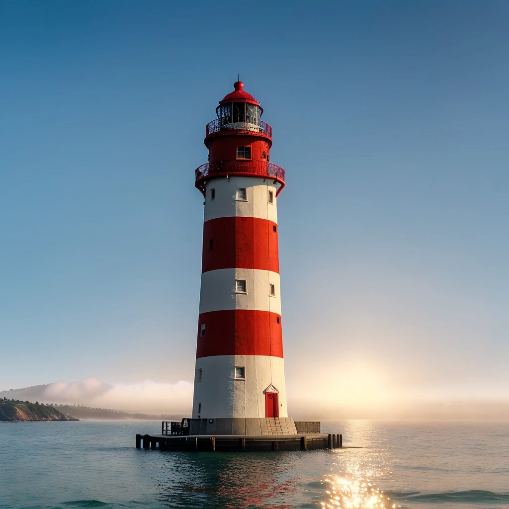 masterpiece, full scale wide-shot photo, intricate photo, precisely detailed lighthouse with red-white colored ring-sections in the ocean in the bay area near San Francisco, hazy fog on the water surface, foaming water, red and blue neon backlight, cyberpunk, atompunk, photo realistic, hyper realistic, highly detailed, sharp focus, high resolution, best quality, colorful, friendly colors, cozy outdoor lighting, 8K, <lora:LighthouseConcept5000:0.5>