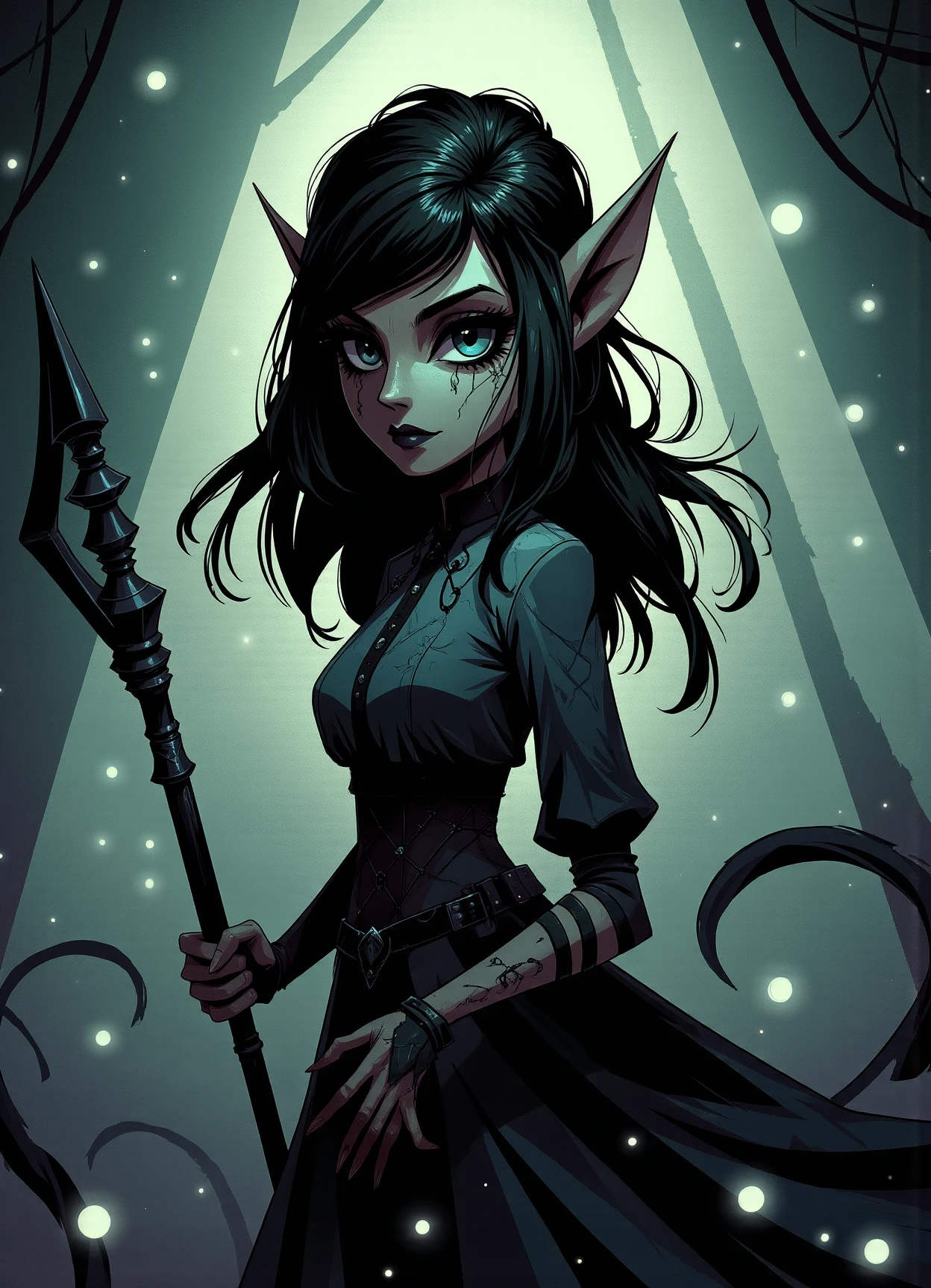 sfw,digital illustration, 2d, dark, hallow eyes,  female goblin, , javelin