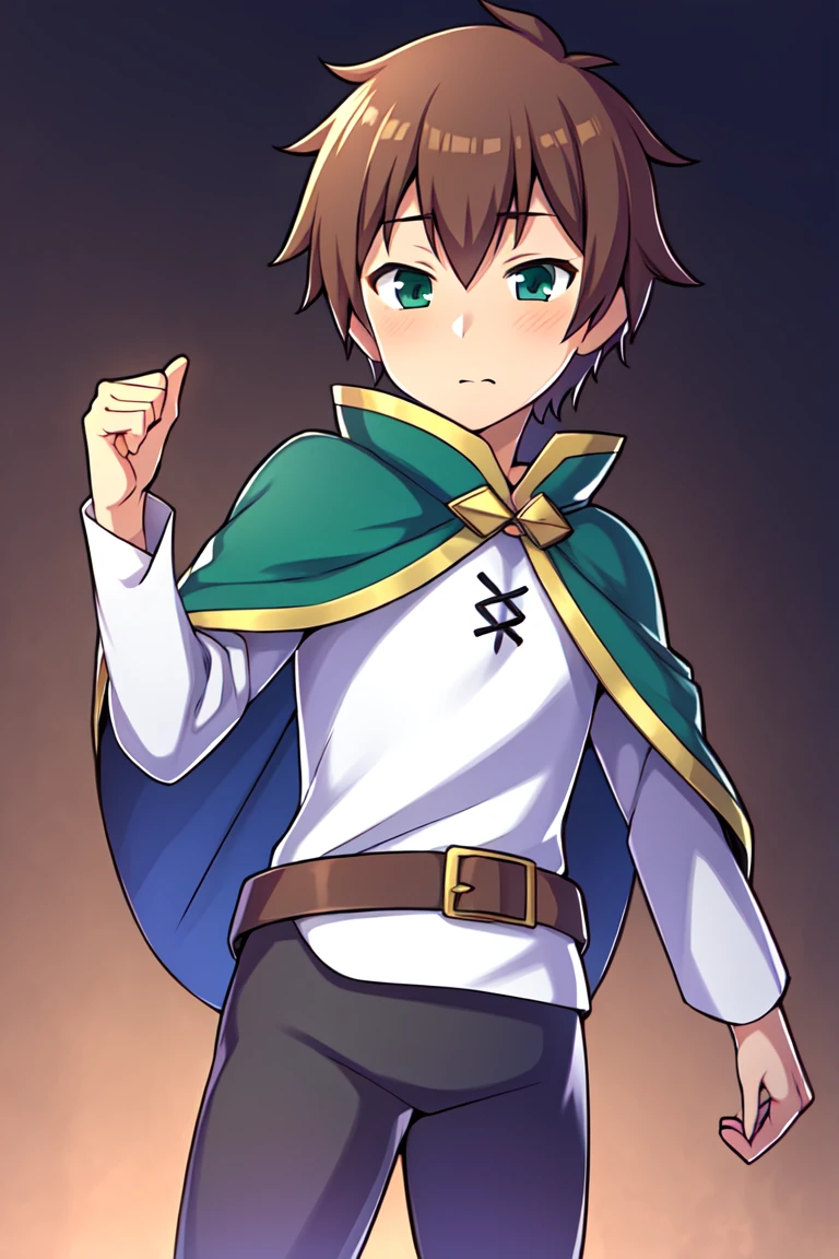 masterpiece, ultra details <lora:KazumaE15v3:0.9>, kazuma-liver020-wattjpad, brown hair, 1boy, satou kazuma, solo, short hair, male focus, green eyes, belt, capelet, shirt, solo, cape, black pants, long sleeves, green cape, white shirt, small capelet, 1 man, shirt ornament