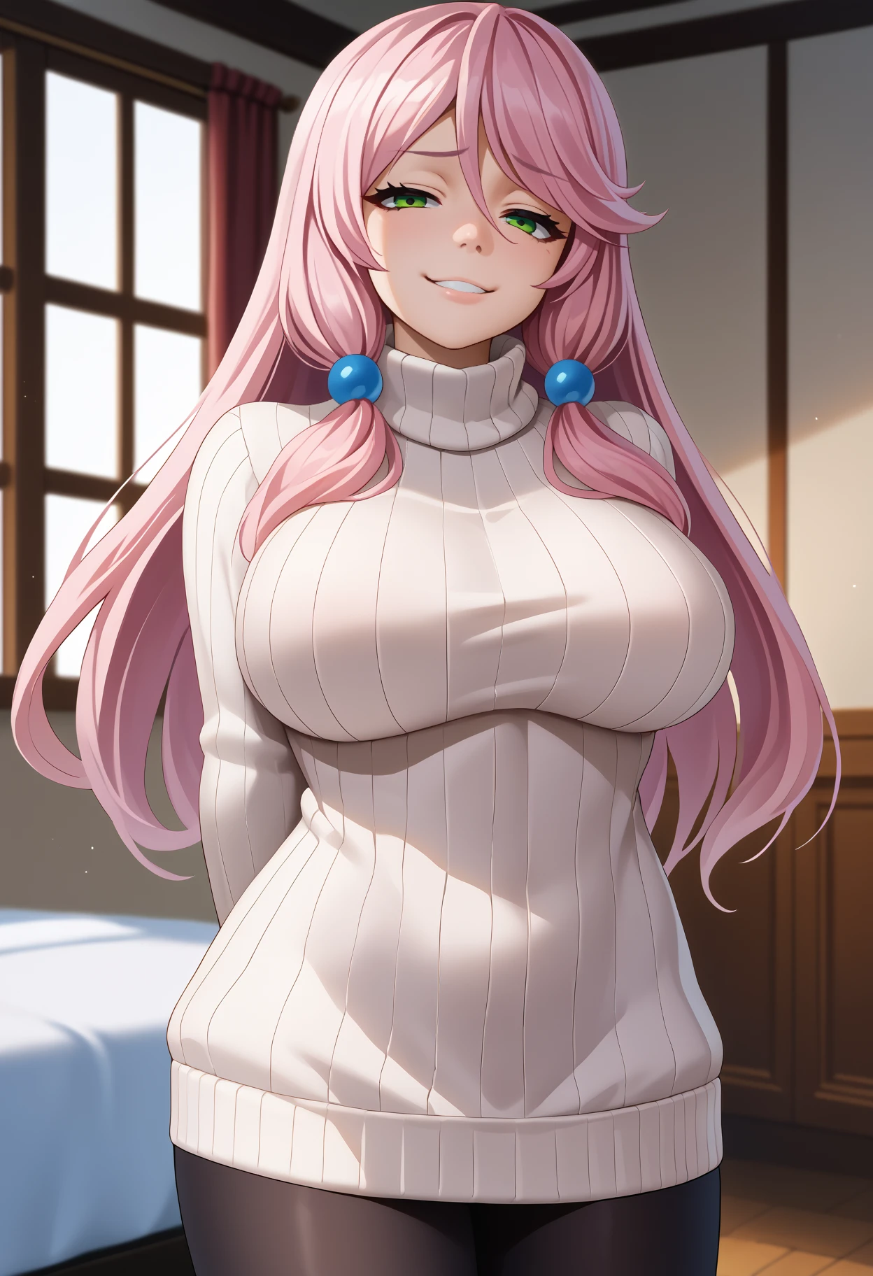 score_9, score_8_up, score_7_up, source_anime, <break> solo, 1girl, arlgr4nde, smug, looking at you, standing, arms behind back, long hair, pink hair, hair ornament, green eyes, half-closed eyes, white sweater, sweater dress, ribbed sweater, turtleneck, black pantyhose, large breasts, indoors
<segment:yolo-face_yolov8m.pt,0.4,0.5//cid=1>