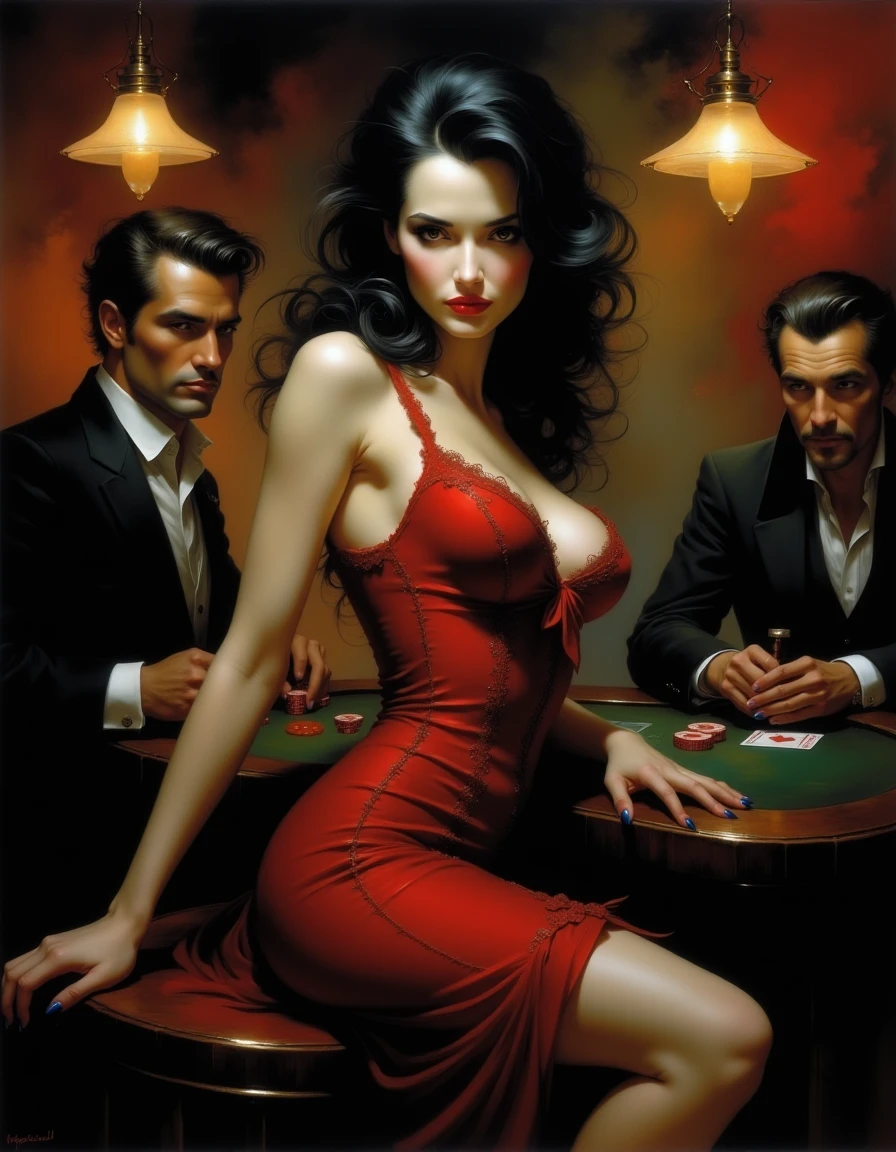 3th33r34l A sultry woman in a red dress leans against a bar, her eyes narrowed as she watches a group of men playing cards. Her lips curl into a knowing smile . The bar is smoky, dimly lit, and filled with dangerous characters   <lora:ethereal-grace:0.9>