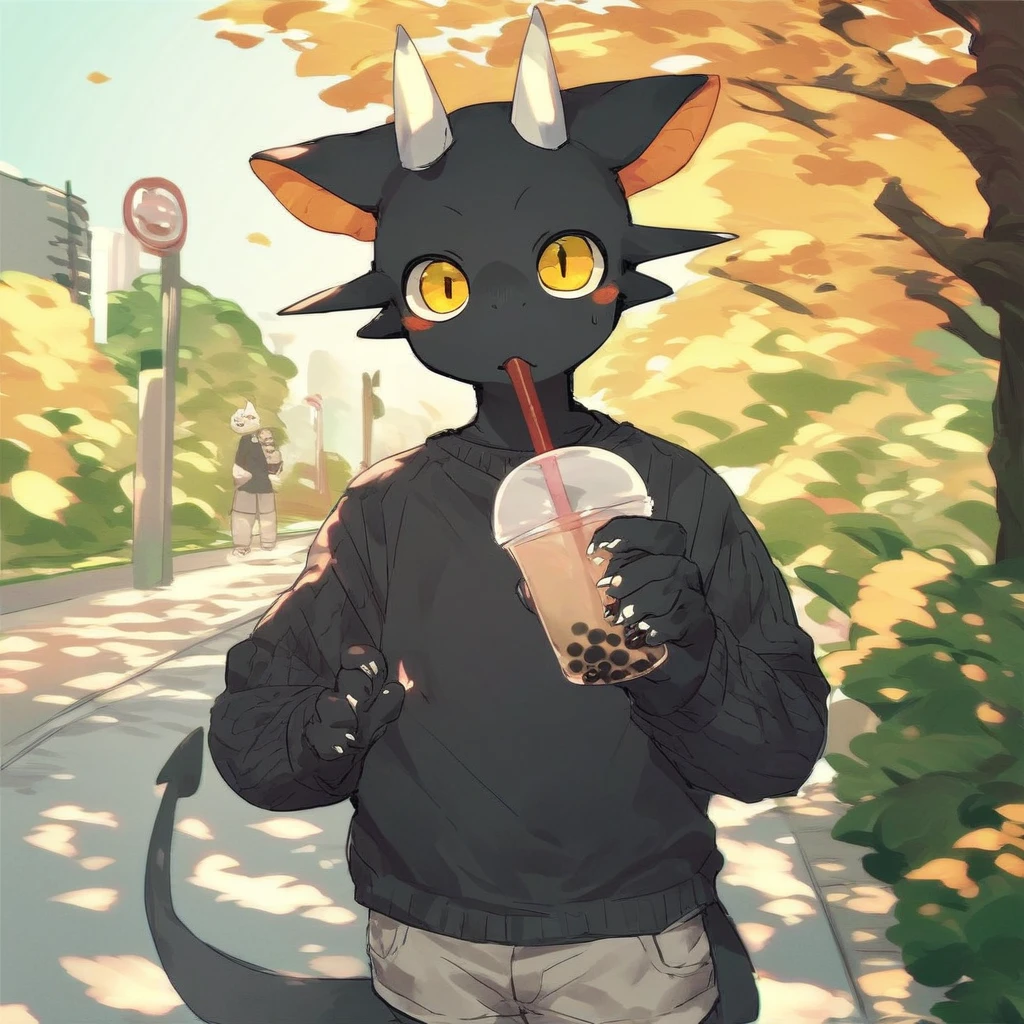 score_9_up, score_8_up, score_7_up, source_furry, mikus-kounfuyu, black dragon, black body, white horns, yellow eyes, park, holding, bubble tea, black sweater, gray shorts, 1boy, solo