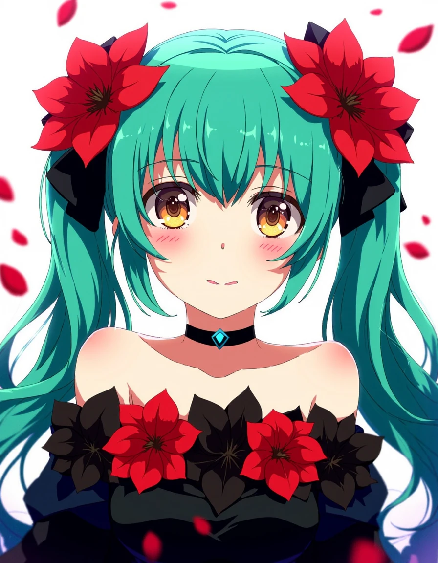 a young woman with a striking appearance. She has large, expressive golden-yellow eyes with a slight upward tilt, giving her a friendly and curious expression. Her skin is fair with a delicate blush on her cheeks, adding a youthful charm to her face. Her hair is teal and styled into twin pigtails adorned with large, red and black flowers, giving a playful and whimsical look. 

The woman is wearing a black choker with a small, blue gem at the center, which contrasts with her light-colored attire. She has a slender build, and her shoulders are bare, revealing a strapless black dress that is adorned with more red and black flowers, enhancing her overall appearance. The background is a soft white, with scattered red petals floating around her, creating a dreamy, ethereal atmosphere. 

The artwork is characterized by clean lines and bold, vibrant colors, typical of modern anime illustrations. The overall style is highly detailed and polished, with a focus on the character's expressive features and the dynamic composition, which draws the viewer's attention to her face and flowers.