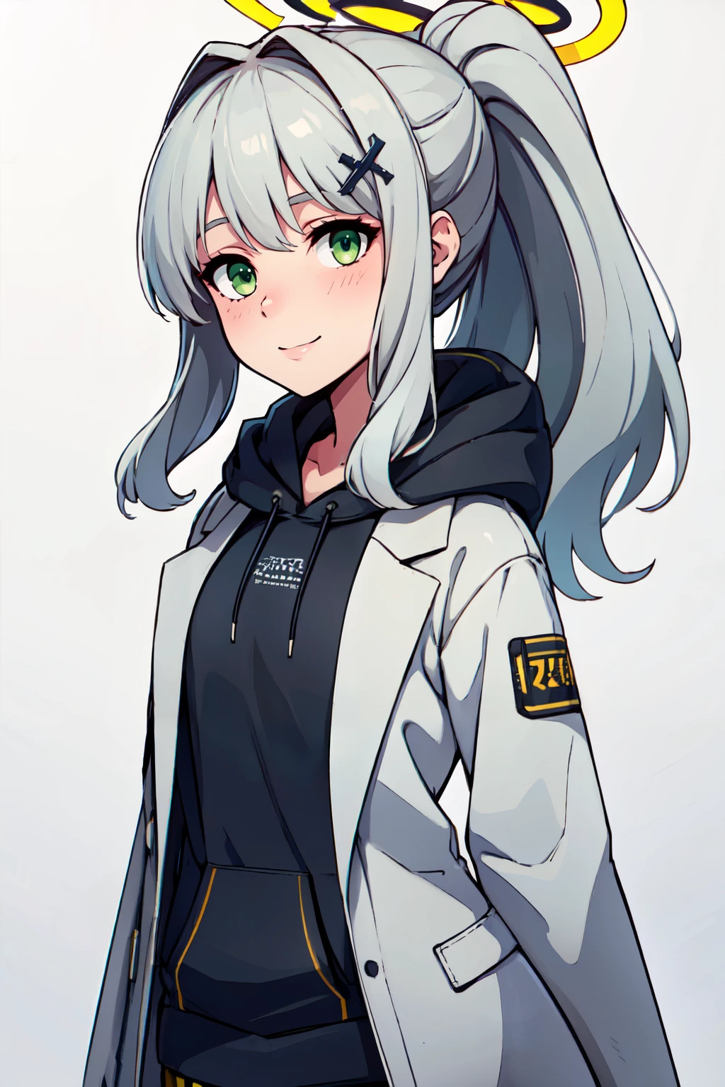 ((masterpiece,best quality)), absurdres, BREAK, , <lora:Hare_BlueArchive_Citron:0.8>, zzHare, green eyes, grey hair, long hair, ponytail, halo, cross hair ornament black hoodie, open clothes, simple background, white background, jacket, upper body , BREAK, hip to the side, contrapposto, cowboy shot,, BREAK, solo, smile, looking at viewer, cowboy shot,