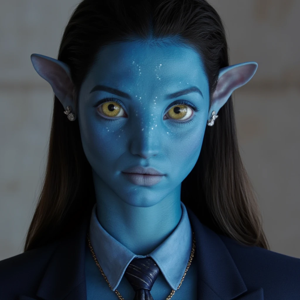 High quality passport photo of a woman Neytiri with blue skin wearing a suit and tie looking directly at the camera with her mouth closed and a neutral expression. She is also wearing a delicate gold chain and some understated diamond earrings. , <lora:Neytiri_avatar_2009_FLUX_v1-000037:0.7>, <lora:Ana_de_Armas_FLUX_v1-000061:1>