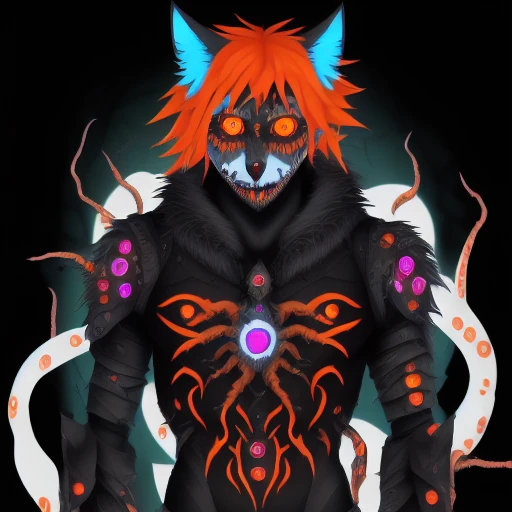 furry, orange hair, extra eyes, white hair, night sky, bare tree, slit pupils, black fur, male focus, hand on own chest, multicolored hair