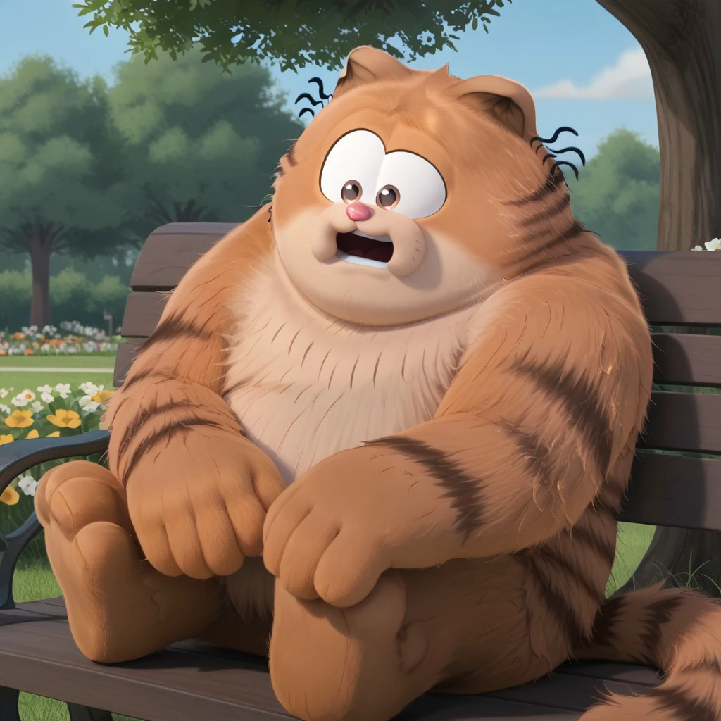 male, solo, anthropomorphic cat, orange fur, fat, cartoon style, fluffy, striped fur, big eyes, whiskers, round face, large paws, feline features, orange tabby, cat tail, short ears, round nose, round body, pink nose, large mouth, short muzzle, wide forehead, slightly disheveled whiskers, fluffy tail, white eyes, black pupils, large eyes, round eyes, messy tufts of whiskers just beside his ears, two-tone fur, 4k, masterpiece, best quality, highly detailed, detail background, sitting on a park bench, enjoying a sunny afternoon surrounded by trees and flowers.