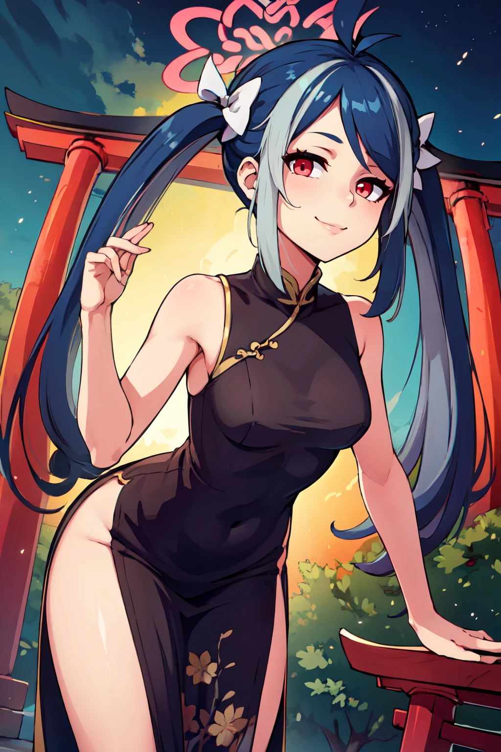 ((masterpiece,best quality)), absurdres,  BREAK, , <lora:Fubuki_BlueArchive_Citron:0.8>, zzFubuki, red eyes, blue hair, long hair, twintails, streaked hair, halo, hair bow, grey hair,  , BREAK,  china dress, pelvic curtain, side slit, sleeveless, print dress, covered navel, no panties, outdoors, night, torii, shrine, east asian architecture, leaning forward, hand on own thigh, from above,, BREAK, solo, smile, looking at viewer, cowboy shot,